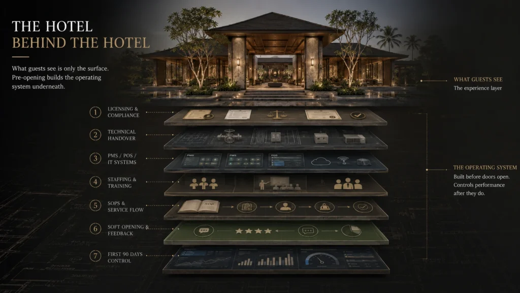 Layered Bali hotel pre-opening operating system visual showing licensing, technical handover, PMS and POS systems, staffing, SOPs, soft opening, and first-90-days control beneath a finished hotel.