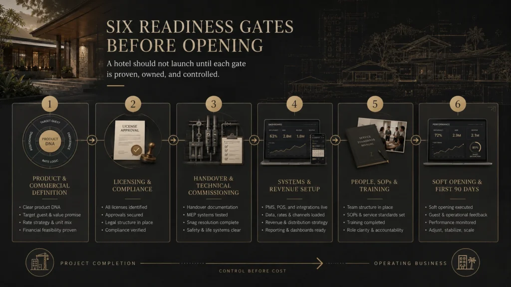 Six readiness gates framework for Bali hotel pre-opening, covering product definition, licensing, technical handover, systems, staffing, SOP training, soft opening, and first-90-days control.