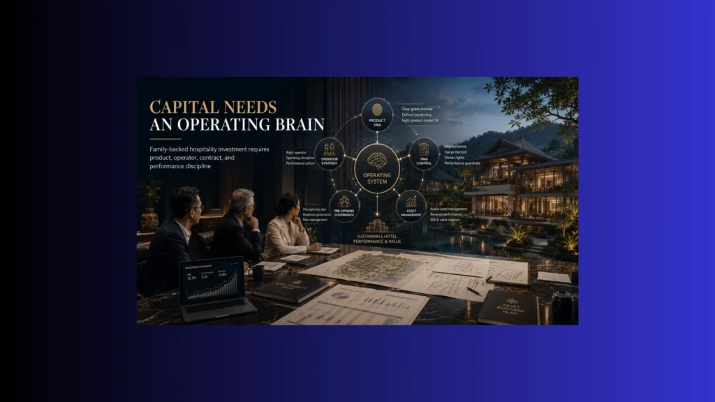 Indonesian family office hospitality investment visual showing family capital, hotel asset planning, Product DNA, operator strategy, HMA control, pre-opening governance, and asset performance.