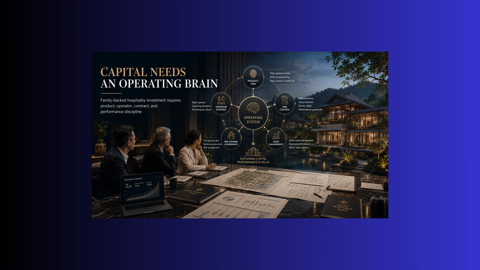 Indonesian family office hospitality investment visual showing family capital, hotel asset planning, Product DNA, operator strategy, HMA control, pre-opening governance, and asset performance.