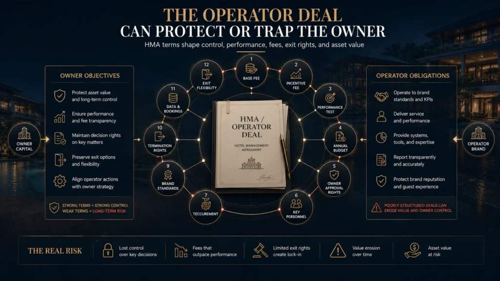 Hotel management agreement and operator risk map showing base fee, incentive fee, performance test, owner approval rights, key personnel, procurement, brand standards, termination rights, data, bookings, and exit flexibility.