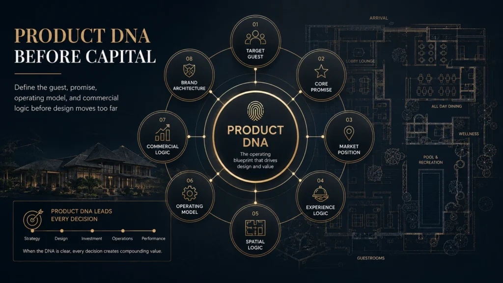 Product DNA hospitality investment framework showing target guest, core promise, market position, experience logic, spatial logic, operating model, commercial logic, and brand architecture before capital commitment.