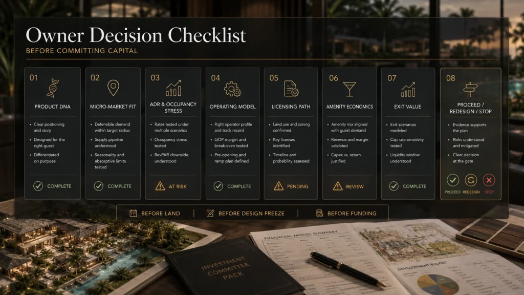 Owner decision checklist for Bali hotel development showing Product DNA, micro-market fit, ADR and occupancy stress, operating model, licensing path, amenity economics, exit value, and proceed or redesign decision.
