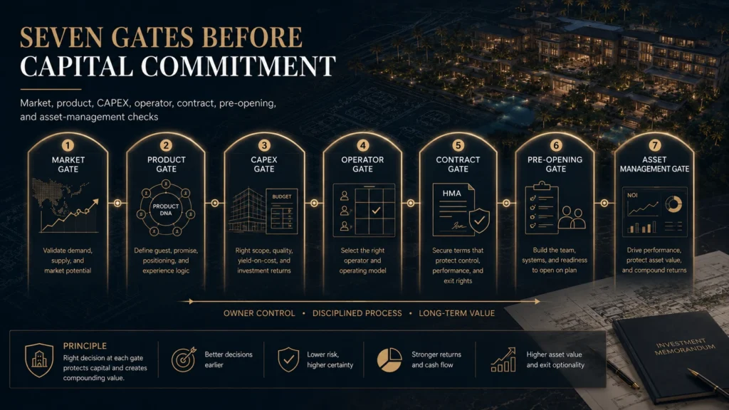 Owner-side hospitality investment framework showing seven gates before capital commitment: market, product, CAPEX, operator, contract, pre-opening, and asset management.