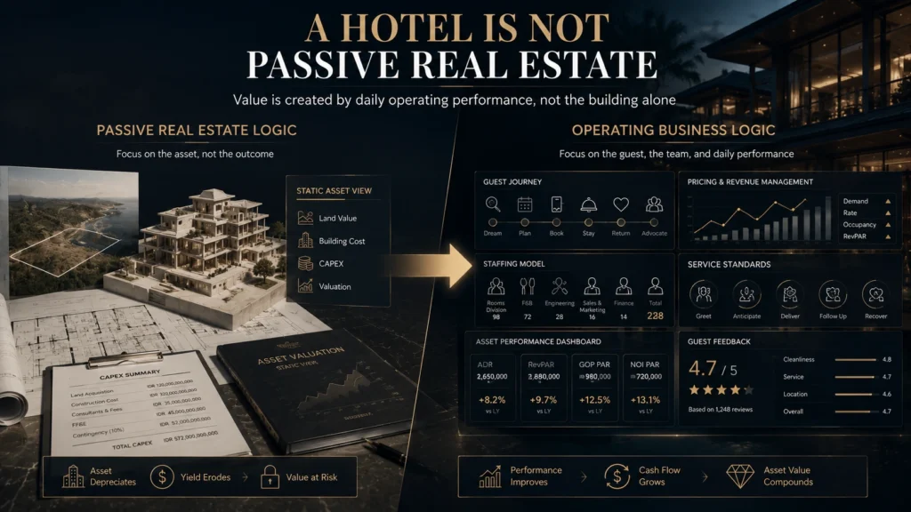 Owner-side comparison showing passive real estate logic versus hotel operating business logic, including land, architecture, staffing, revenue management, guest experience, ADR, RevPAR, GOP, and NOI.