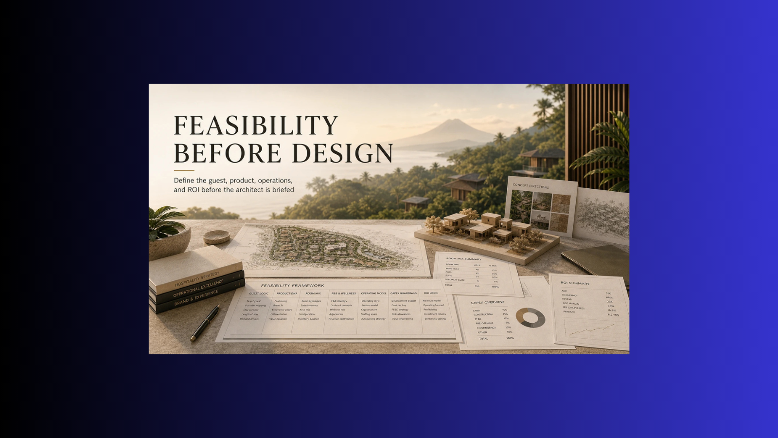 Bali hotel feasibility study framework showing site, guest, concept, operations, CAPEX, and ROI logic before architectural design.