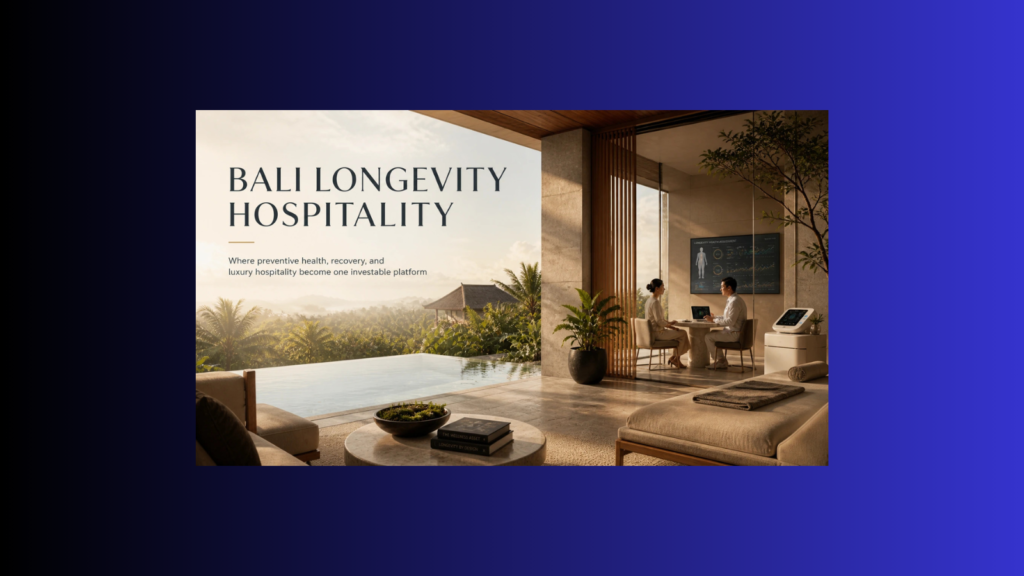 Bali longevity hospitality strategy for investors showing preventive health, diagnostics, recovery, and luxury wellness resort development.