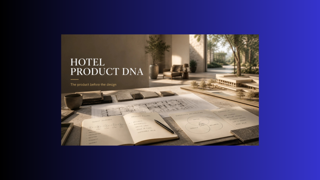 Hotel Product DNA planning visual for a luxury boutique hospitality project, showing guest logic, design notes, operations, wellness, F&B, and commercial strategy before architecture.