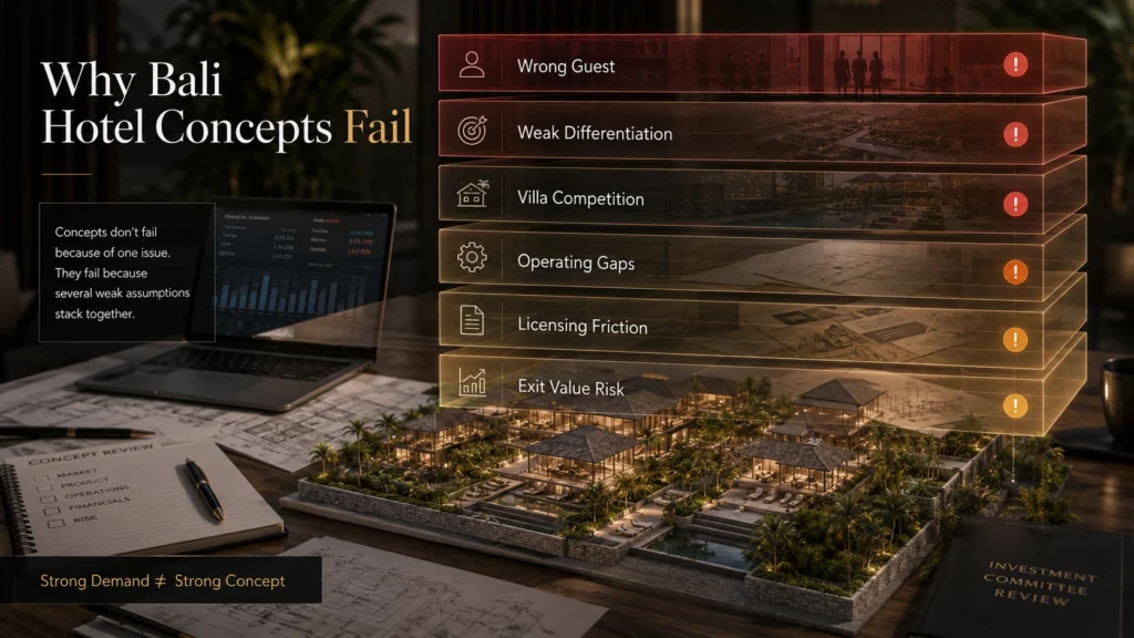 Layered risk-stack visual showing why Bali hotel concepts fail, including wrong guest targeting, weak differentiation, villa competition, operating gaps, licensing friction, and exit value risk.
