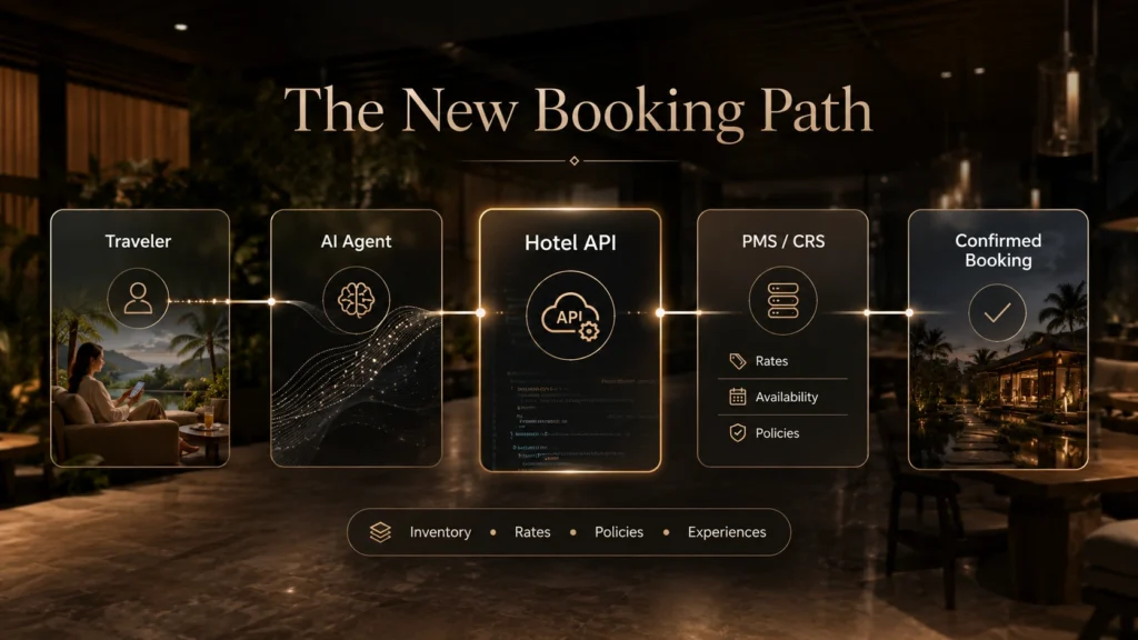 Agent-to-agent hotel booking flow showing traveler AI agent, hotel API, PMS and CRS systems, and confirmed booking path for Bali hotels.