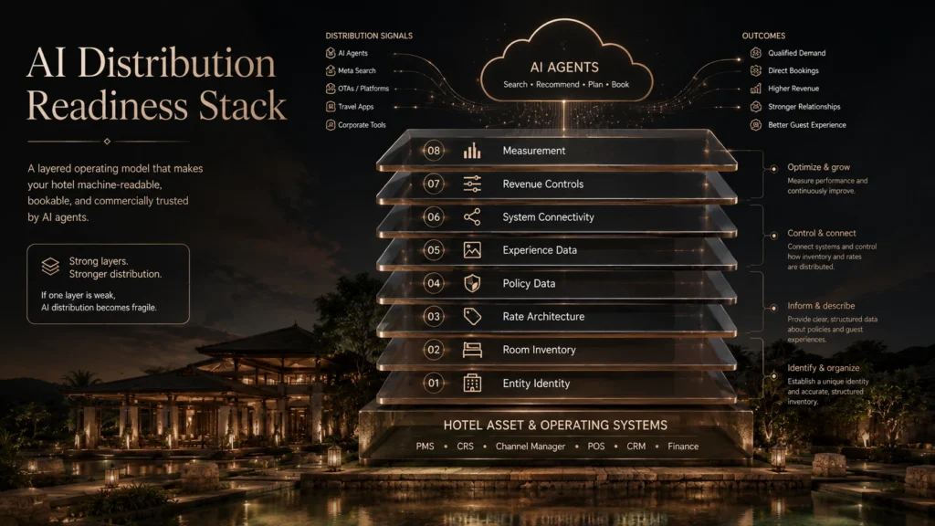 AI distribution readiness stack for Bali hotel owners showing entity identity, room inventory, rate architecture, policy data, experience data, system connectivity, revenue controls, and measurement.