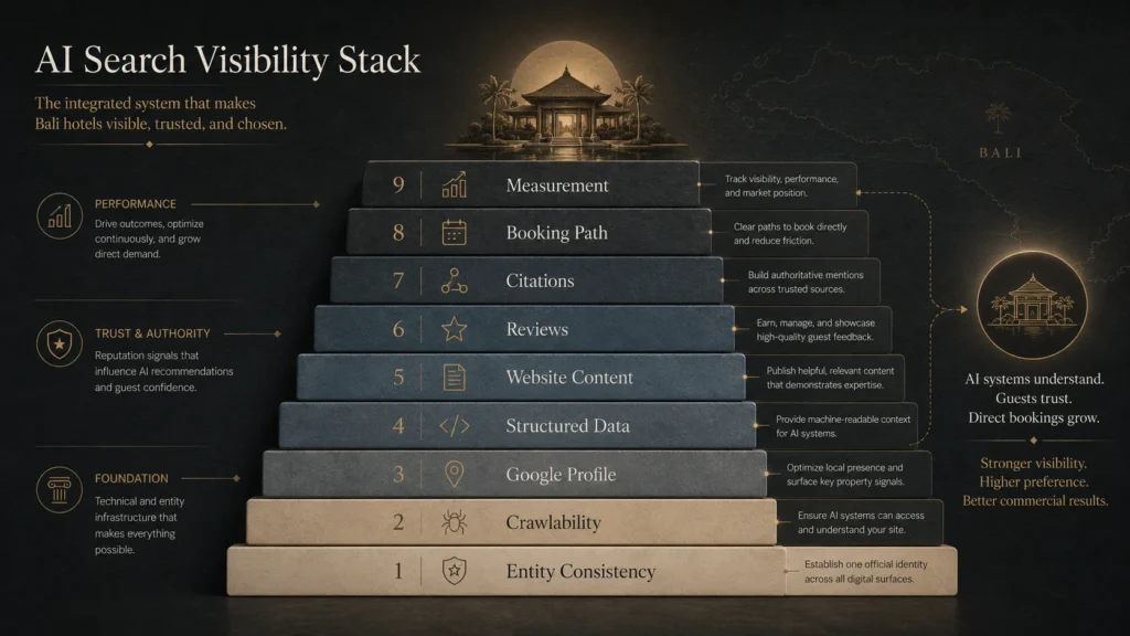 AI search visibility stack for Bali hotels showing entity consistency, crawlability, Google profile, structured data, website content, reviews, citations, booking path, and measurement.