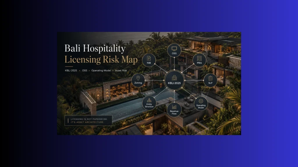 Owner-side Bali hospitality licensing risk map showing KBLI 2025, OSS, NIB, PBG, SLF, zoning, entity structure, revenue flow, and operating model alignment above a luxury Bali hospitality asset.