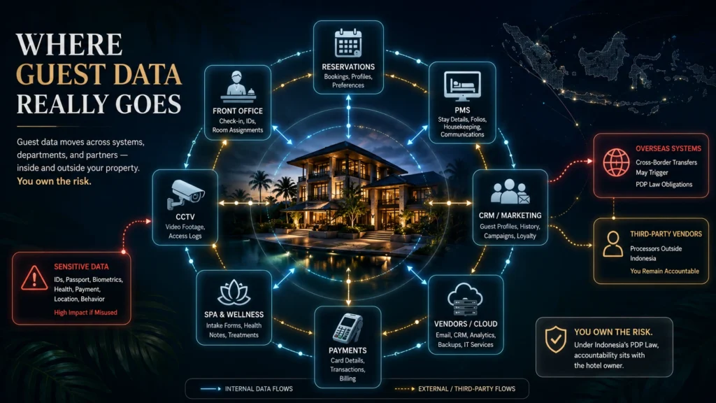 Bali hotel guest data exposure map showing reservations, front office, PMS, CRM, CCTV, spa and wellness, payments, vendors, and cloud systems.
