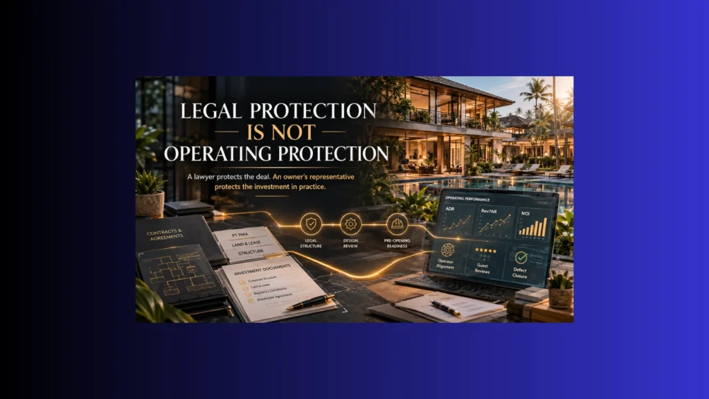 Premium split visual showing legal documents on one side and a Bali hotel operating dashboard on the other, illustrating why a Bali hotel owner’s representative protects execution beyond legal structure.