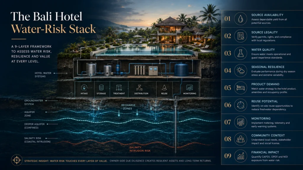 Bali hotel water risk stack showing source availability legality water quality reuse monitoring community context and financial impact