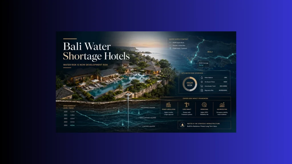 Bali water shortage hotels owner-side development risk framework showing luxury hotel infrastructure groundwater stress and operating resilience in Bali