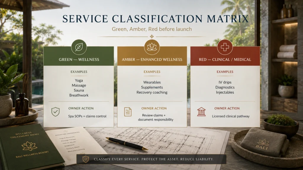 Bali wellness resort service risk matrix classifying yoga, recovery, supplements, diagnostics, IV therapy, and injectables into wellness, enhanced wellness, and clinical categories.