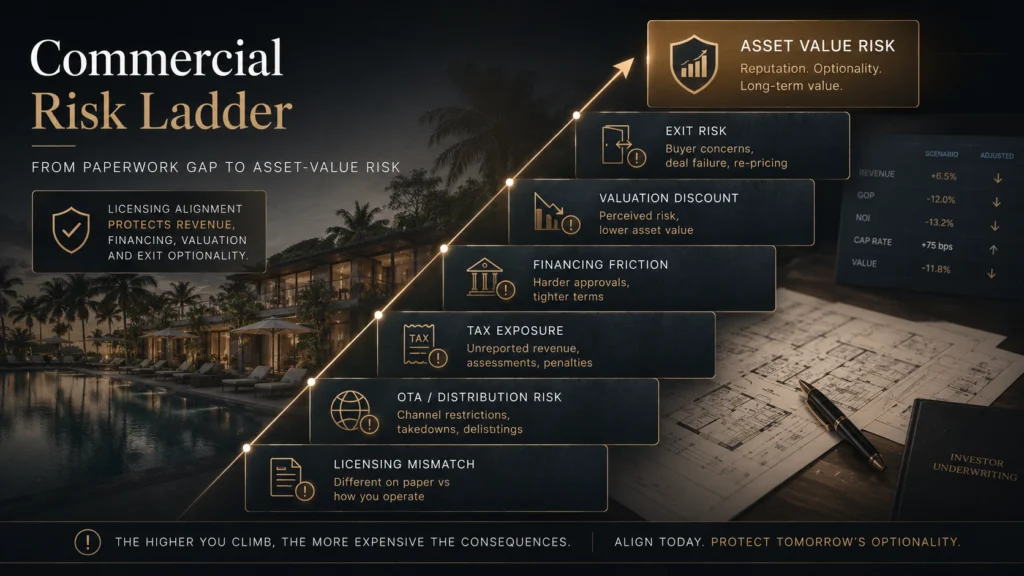 Commercial risk ladder for Bali hospitality licensing showing how licensing mismatch can escalate into OTA distribution risk, tax exposure, financing friction, valuation discount, exit risk, and asset value risk.