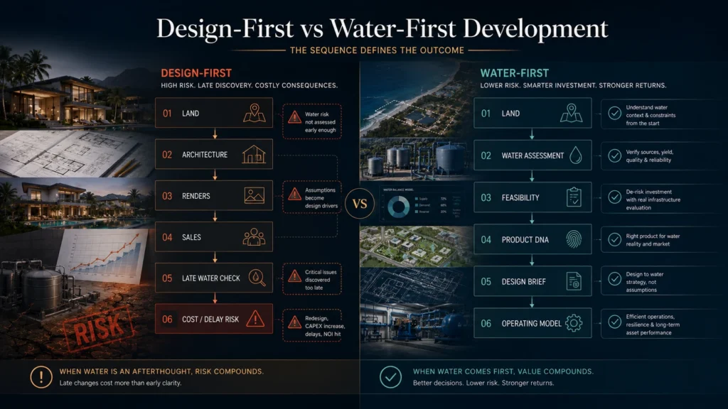 Bali water shortage hotels design-first versus water-first development sequence showing why water availability must be tested before design freeze
