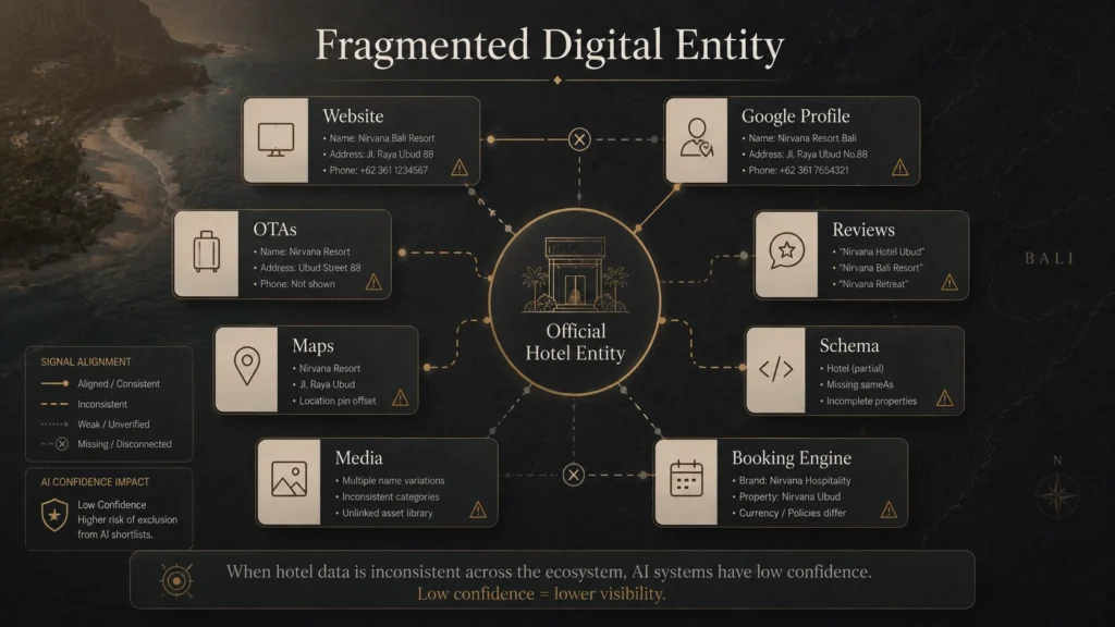 Fragmented Bali hotel digital entity map showing inconsistent signals across website, Google profile, OTAs, reviews, maps, schema, media, and booking engine.