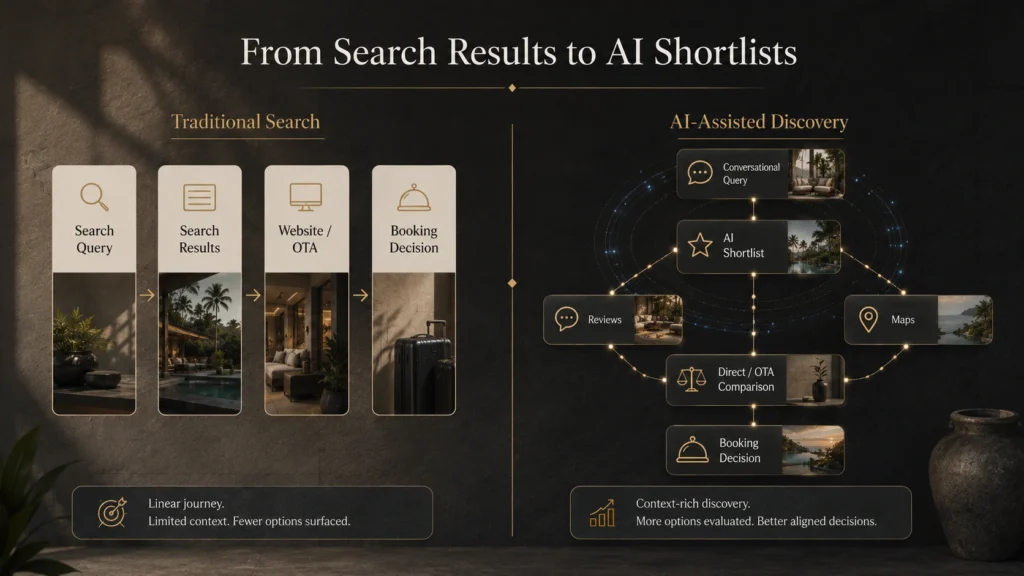 Traditional search versus AI-assisted hotel discovery showing how Bali hotel owners now compete for AI-generated shortlists, reviews, maps, and booking paths.