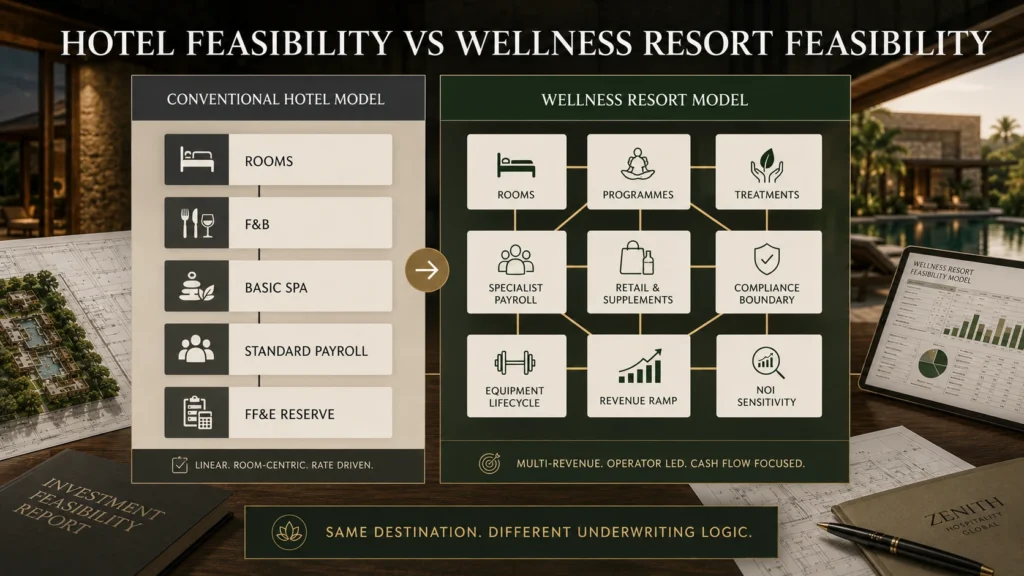 Comparison visual showing conventional hotel feasibility versus wellness resort feasibility, with wellness resort underwriting adding programmes, specialist payroll, retail, compliance, equipment lifecycle, revenue ramp, and NOI sensitivity.