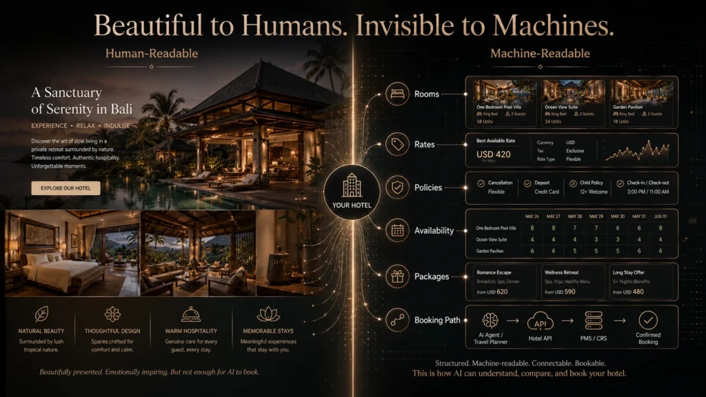 Split-screen visual comparing a human-readable luxury Bali hotel image with a machine-readable hotel data layer showing rooms, rates, policies, availability, packages, and booking path.