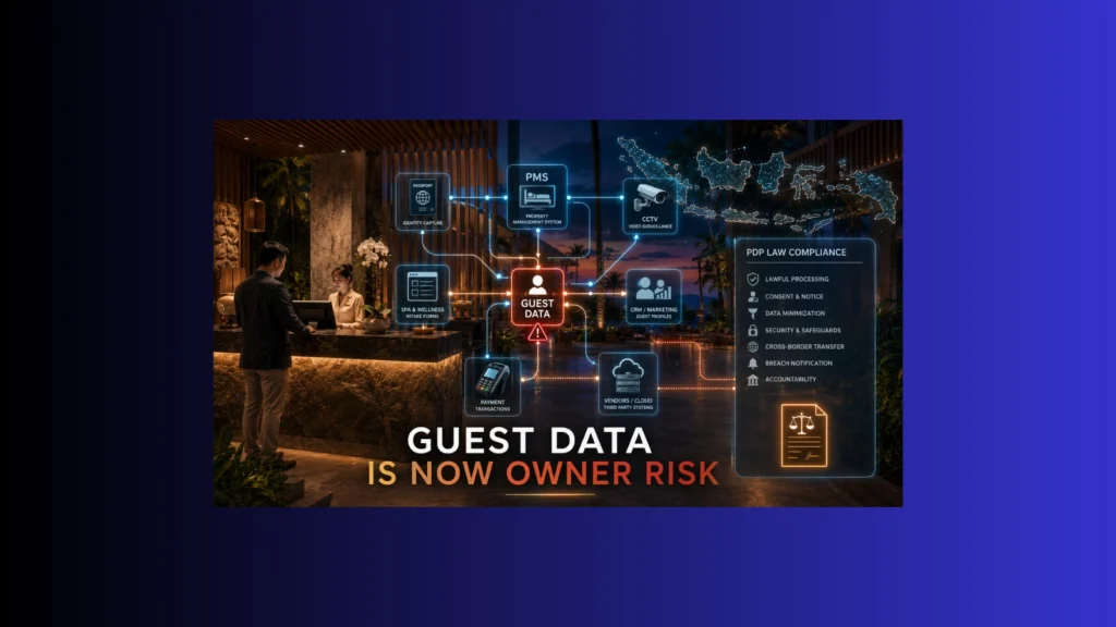 Luxury Bali hotel lobby with digital guest data flows connecting PMS, CRM, CCTV, spa, payment, cloud systems, and PDP Law compliance risk.
