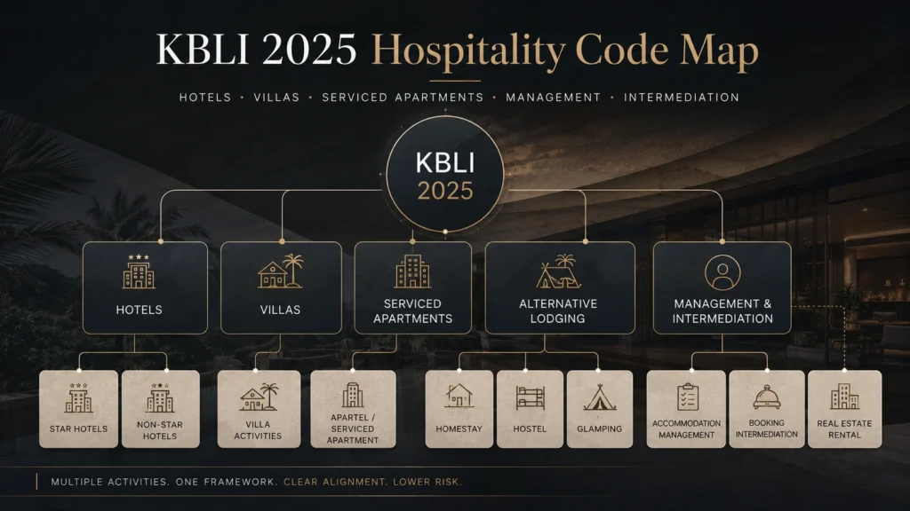 KBLI 2025 hospitality code map showing hotels, villas, serviced apartments, alternative lodging, accommodation management, intermediation, and real estate rental categories for Bali hospitality owners.