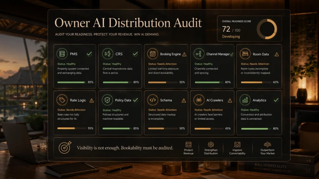 Owner AI distribution audit dashboard for Bali hotels showing PMS, CRS, booking engine, channel manager, room data, rate logic, policy data, schema, AI crawlers, and analytics readiness.