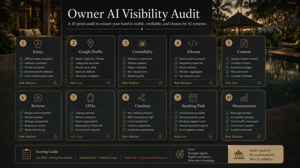 Owner AI visibility audit checklist for Bali hotels showing entity audit, Google profile, crawlability, schema, content, reviews, OTAs, citations, booking path, and measurement.