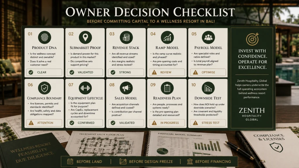 Owner decision checklist for wellness resort feasibility in Bali, showing Product DNA, submarket proof, revenue stack, ramp model, payroll model, compliance boundary, equipment lifecycle, sales model, readiness plan, and downside test.