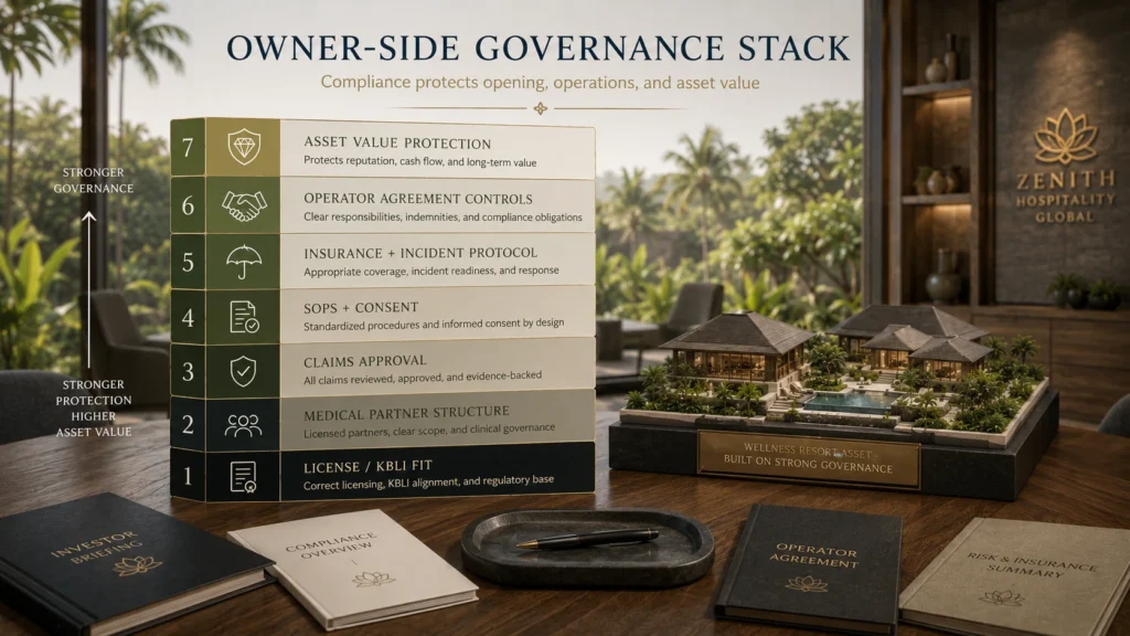 Owner-side governance stack for Bali medical wellness resorts covering licensing, medical partner structure, claims approval, SOPs, insurance, operator agreements, and asset value protection.