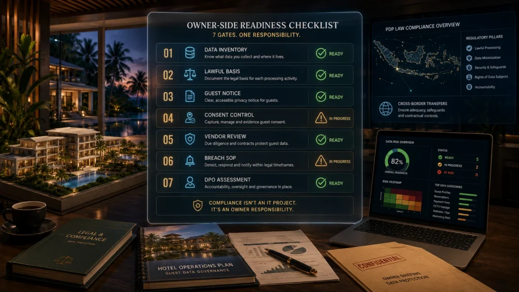 Owner-side PDP readiness checklist for Bali hotels showing data inventory, lawful basis, guest notice, consent control, vendor review, breach SOP, and DPO assessment.