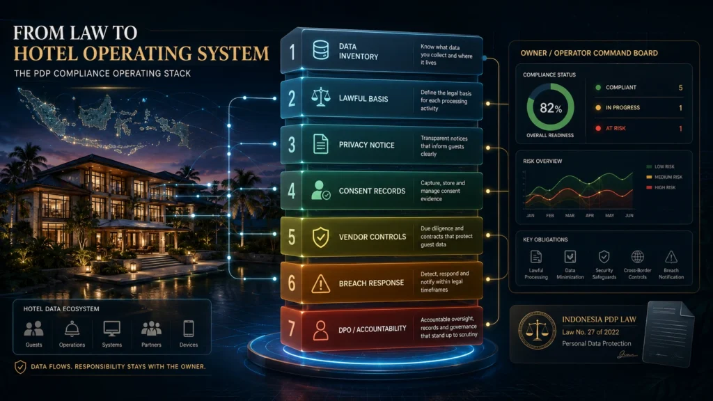 PDP compliance operating stack for Bali hotels showing data inventory, lawful basis, privacy notice, consent records, vendor controls, breach response, and DPO accountability.