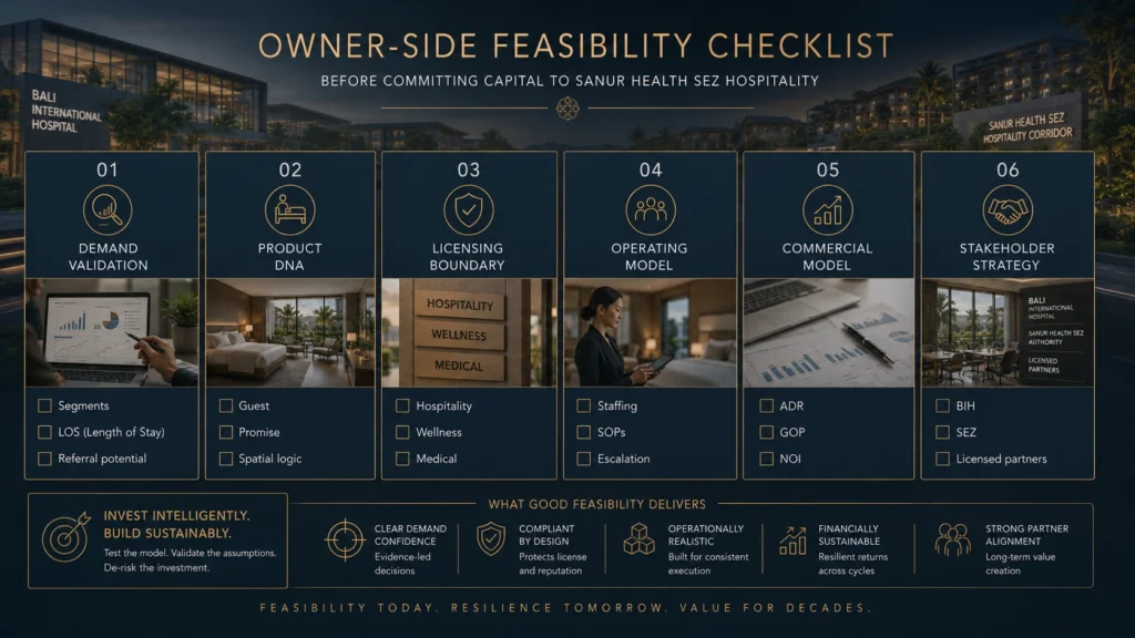Owner-side feasibility checklist for Sanur Health SEZ hospitality investment, covering demand validation, Product DNA, licensing, operations, commercial model, and stakeholder strategy.