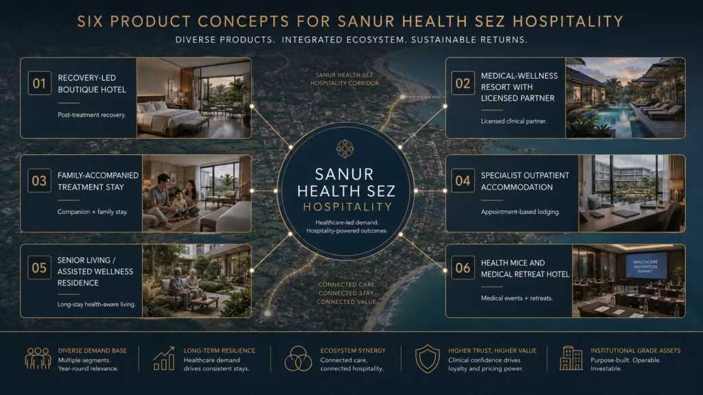 Six product concepts for Sanur Health SEZ hospitality, including recovery hotels, medical-wellness resorts, family treatment stays, outpatient lodging, senior living, and health MICE.