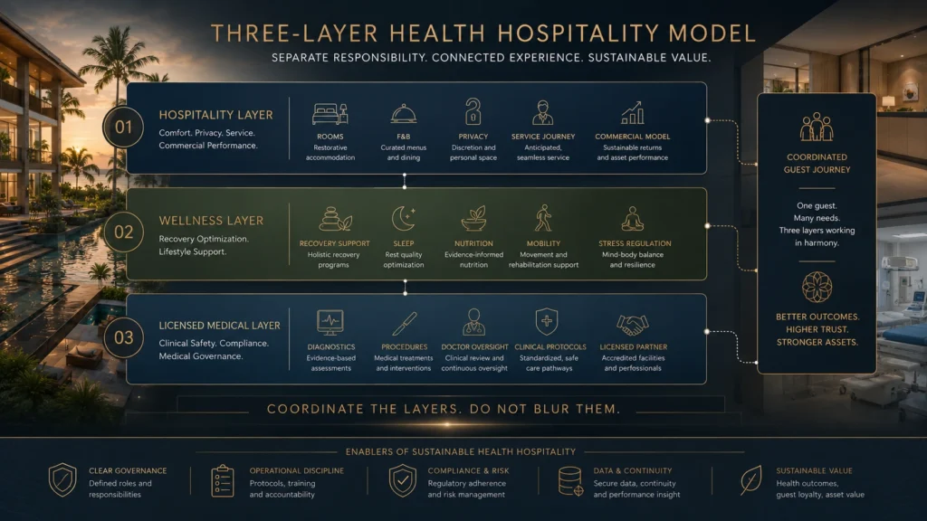 Three-layer health hospitality model for Sanur Health SEZ hospitality, separating hospitality, wellness, and licensed medical care.