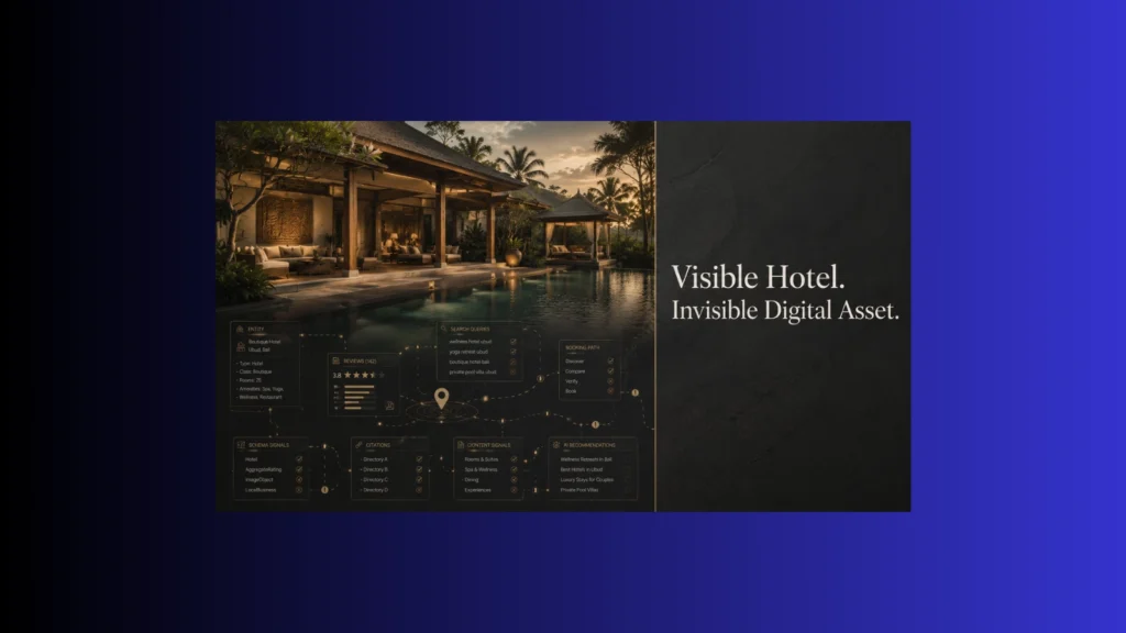 Premium Bali hotel with headline “Visible Hotel. Invisible Digital Asset.” showing fragmented digital search signals beneath a luxury hospitality asset.