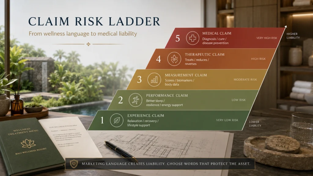 Medical claim compliance ladder for Bali wellness resorts showing how wellness marketing language can escalate into regulated medical claims.