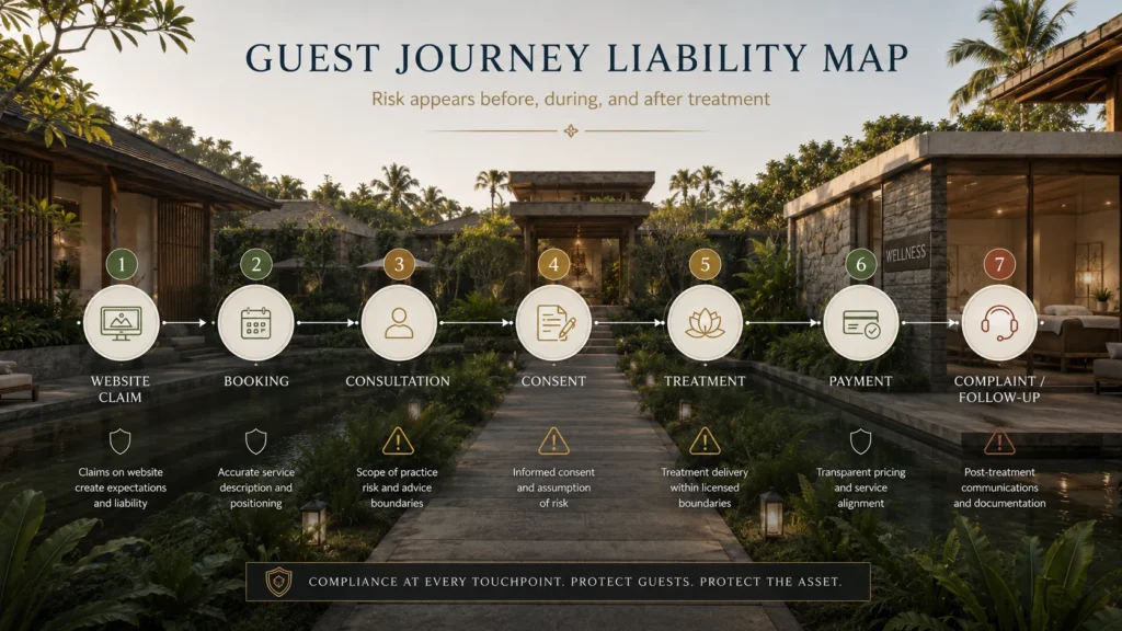 Guest journey liability map for a Bali wellness resort showing compliance risk across website claims, booking, consultation, consent, treatment, payment, and follow-up.
