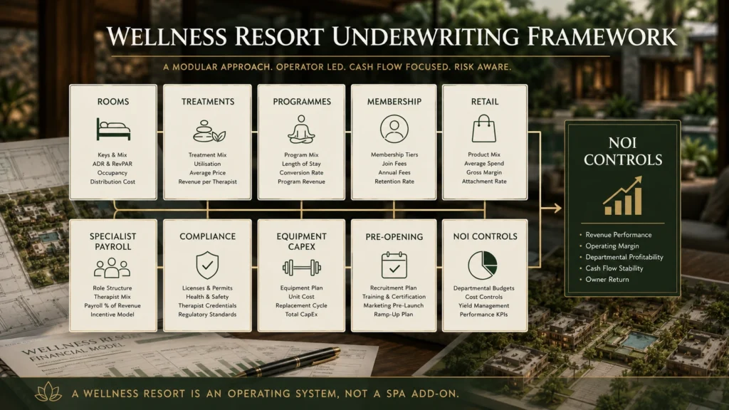 Wellness resort underwriting framework for Bali showing separate modules for rooms, treatments, programmes, membership, retail, specialist payroll, compliance, equipment CapEx, pre-opening, and NOI controls.