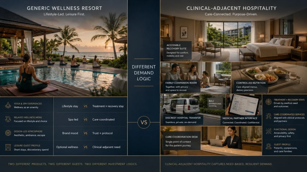 Comparison visual showing the difference between a generic wellness resort and clinical-adjacent hospitality for Sanur Health SEZ hospitality investors.