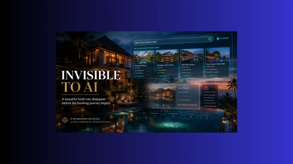 Luxury Bali boutique hotel fading out of an AI travel search interface, showing the risk of weak AI optimization for hotels and lost visibility before booking.