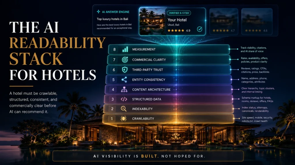 AI readability stack for hotels showing crawlability, indexability, structured data, content architecture, entity consistency, third-party trust, commercial clarity, and measurement.