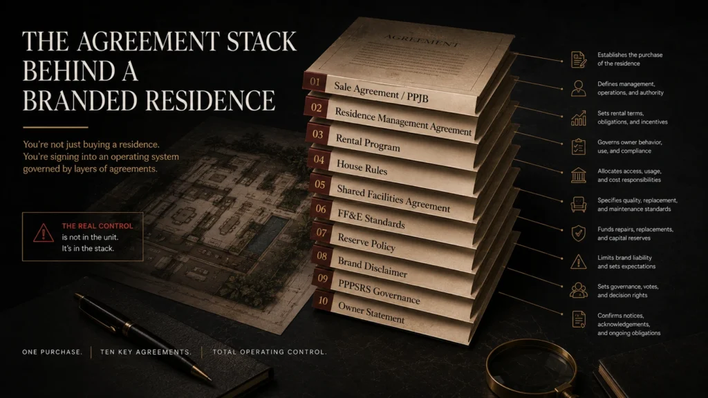 Layered branded residence agreement stack showing sale agreement, residence management, rental program, shared facilities, reserve policy, brand disclaimer, PPPSRS governance, and owner statement.