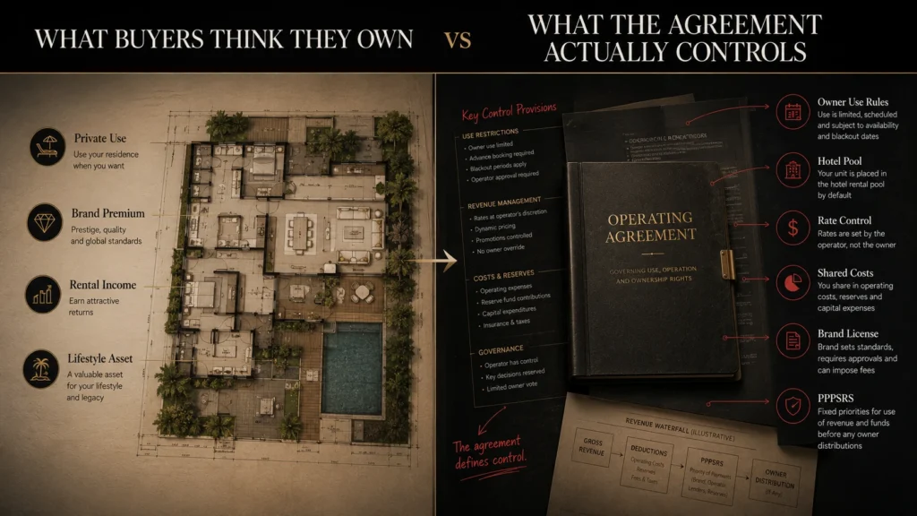 Comparison visual showing what branded residence buyers think they own versus what the operating agreement controls, including owner use, hotel pool, rate control, shared costs, brand license, and PPPSRS.