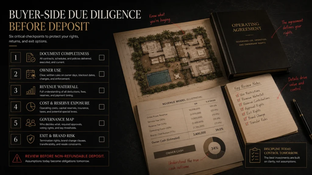 Buyer-side due diligence framework for a branded residence in Bali covering document completeness, owner use, revenue waterfall, cost exposure, governance map, and exit and brand risk.