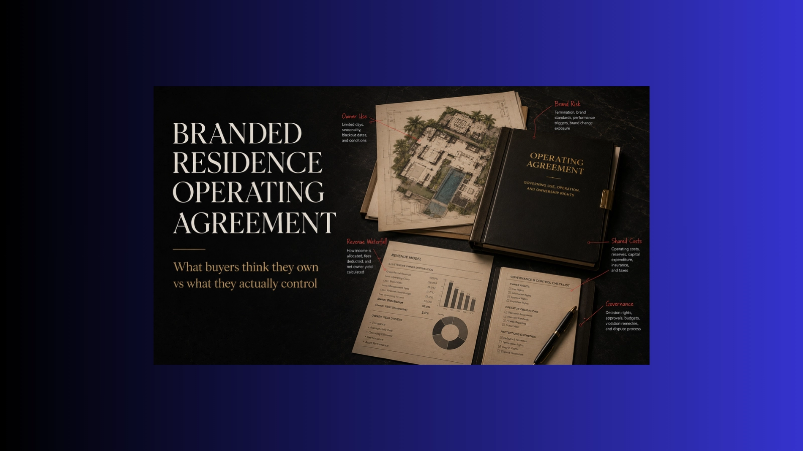 Owner-side branded residence operating agreement review for a Bali hospitality investment, showing hotel pool, owner use, shared costs, brand risk, and governance control.
